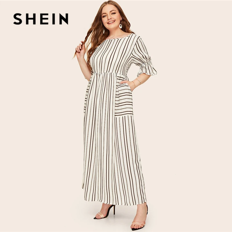 SHEIN, платье размера плюс с воланом, рукавом, накладным карманом, в полоску,, женское, весна-лето, повседневное, с коротким рукавом, с высокой талией, макси платья