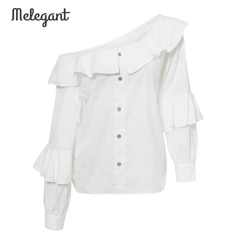 Melegant Solid Elegant White Women Blouse Shirt Sexy One Shoulder Blouses Tops Lantern Sleeve |