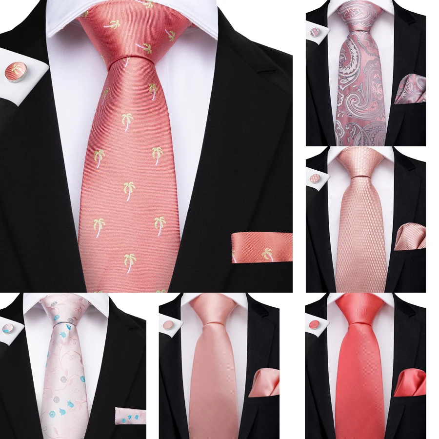 

DiBanGu Fashion Peach Pink Men Gifts Tie Clip Hanky Cufflinks Coral Tie 100% Silk Necktie Gravat Business Wedding Party Tie Set