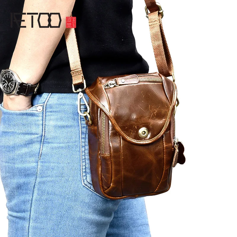 AETOO Oil wax leather men's small bag retro tide dual-use mini shoulder Messenger purse | Багаж и сумки