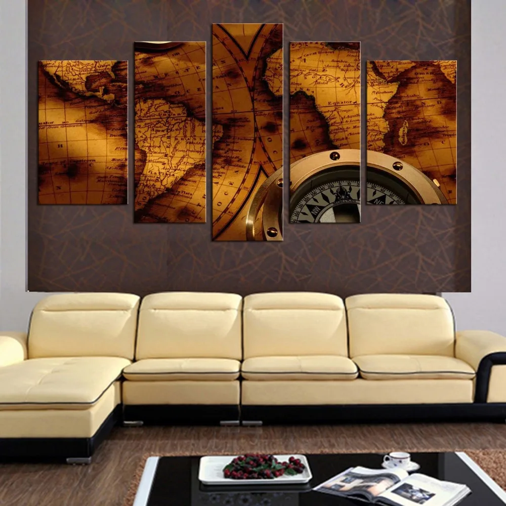 5 panel Golden Clock Map Still Life Wall Painting Home Living Room Decoration Print Picture Canvas | Дом и сад