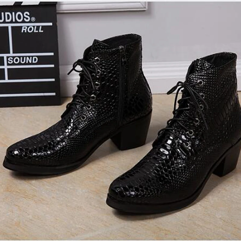 Мужские сапоги на высоком каблуке модные змеиной Молния Мужская обувь высокий