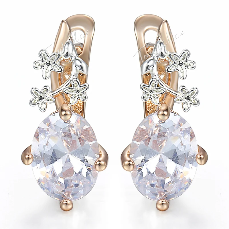 585 Rose Gold Filled Ladies Womens Earrings Flowers Oval Clear CZ White Snap Closure Cubic Zirconia GE77 | Украшения и аксессуары