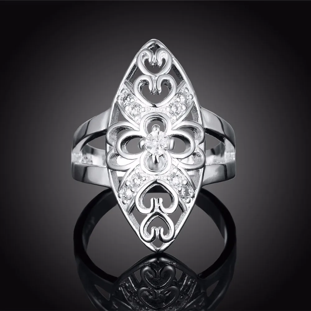 Gem Ring Inlaid CZ Zircon Women Crystal Accessories Silver Plated Flower Pattern Statement Trendy Brand Jewelry Wholesale Gifts | Украшения