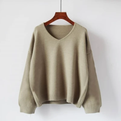 green Winter Autumn Loose Pullovers Sweaters Woman Long Sleeve V Neck Solid Soft Warm Thick Bat Sleeved Sweater Oversize - Цвет: green