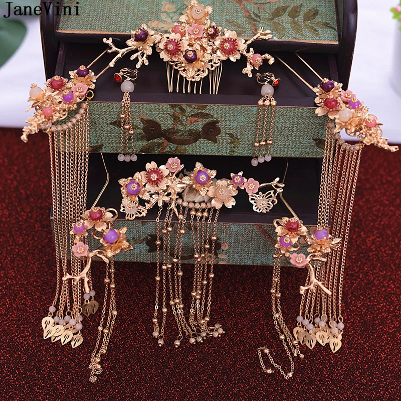 

JaneVini Luxurious Bridal Tiara Hair Jewelry Headdress Gold Tassel Headpiece Crown Ancient Chinese Hairpin Wedding Accessories