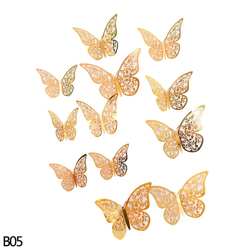 B05-12Pcs 12 шт. красивые розовые золотые серебряные 3D полые бабочки настенные Стикеры для свадьбы, дня рождения, вечеринки, дома, детской комнаты, декоративные настенные наклейки - Цвет: B05-12Pcs