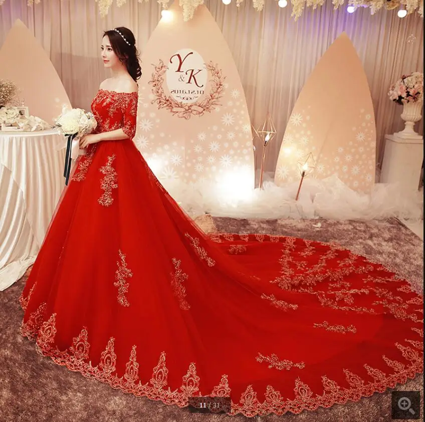 Vestido De Novia бальное красное свадебное платье роскошное с королевским шлейфом половинные рукава сексуальные свадебные платья robe de mariage
