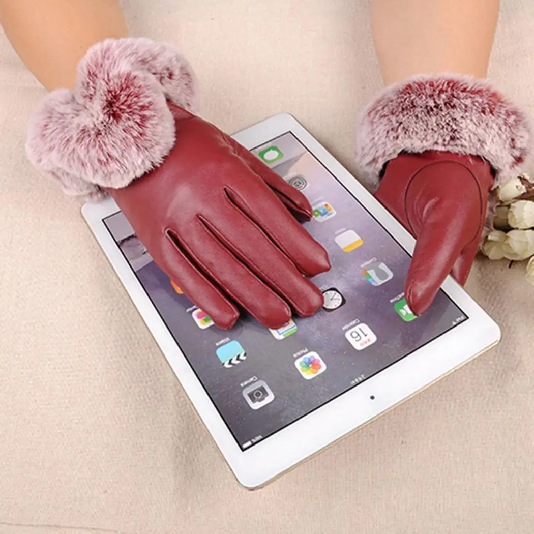 Плюшевые черные геометрические перчатки для пальцев Лоскутные кожаные экрана