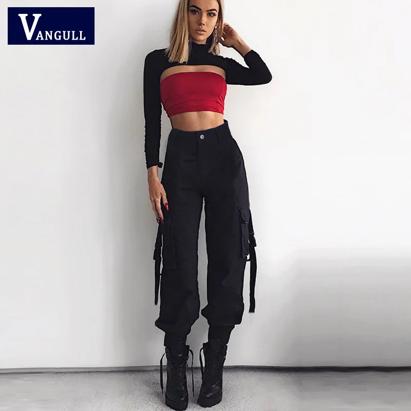 Vangull черные брюки-карго с высокой талией, женские свободные уличные брюки-карандаш с карманами в стиле пэчворк, модные женские брюки в стиле хип-хоп