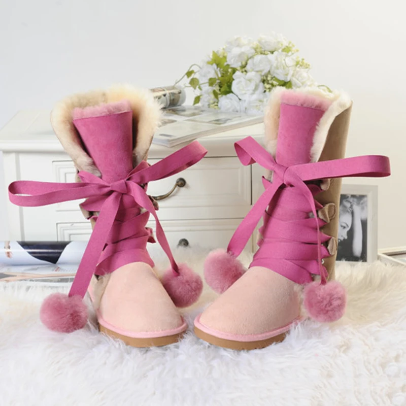 Pink 0 UVWP/модные высокие зимние сапоги; женские сапоги; высокие сапоги из натуральной овечьей кожи на шнуровке; теплые шерстяные зимние сапоги с натуральным мехом - Цвет: Pink 0
