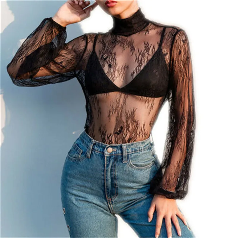 Сексуальная Женская Кружевная футболка с длинным рукавом высоким вырезом