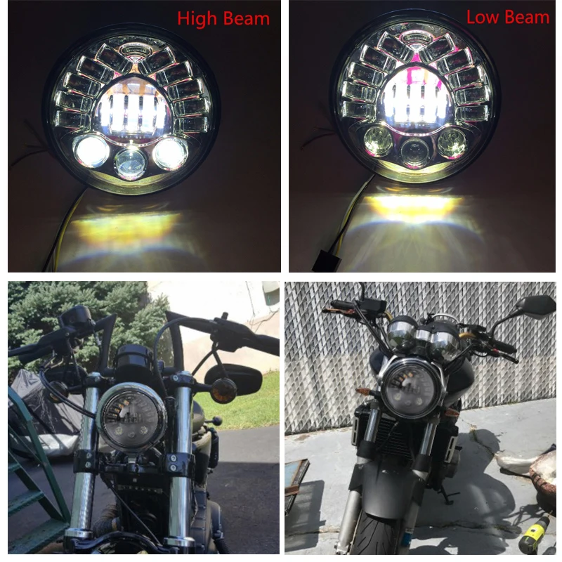 7 Inch LED Black/Chrome Round Adaptive Motorcycle Headlight with Hi/Lo Beam Projector Motor 7" Headlamp for Harley Moto |