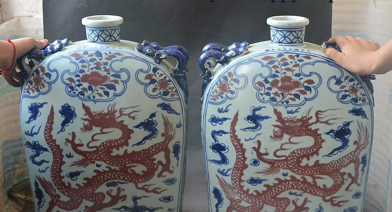 19 "Изысканный Китайский Окрашенные ФАРФОР дракон феникс цветок бутылка горшок