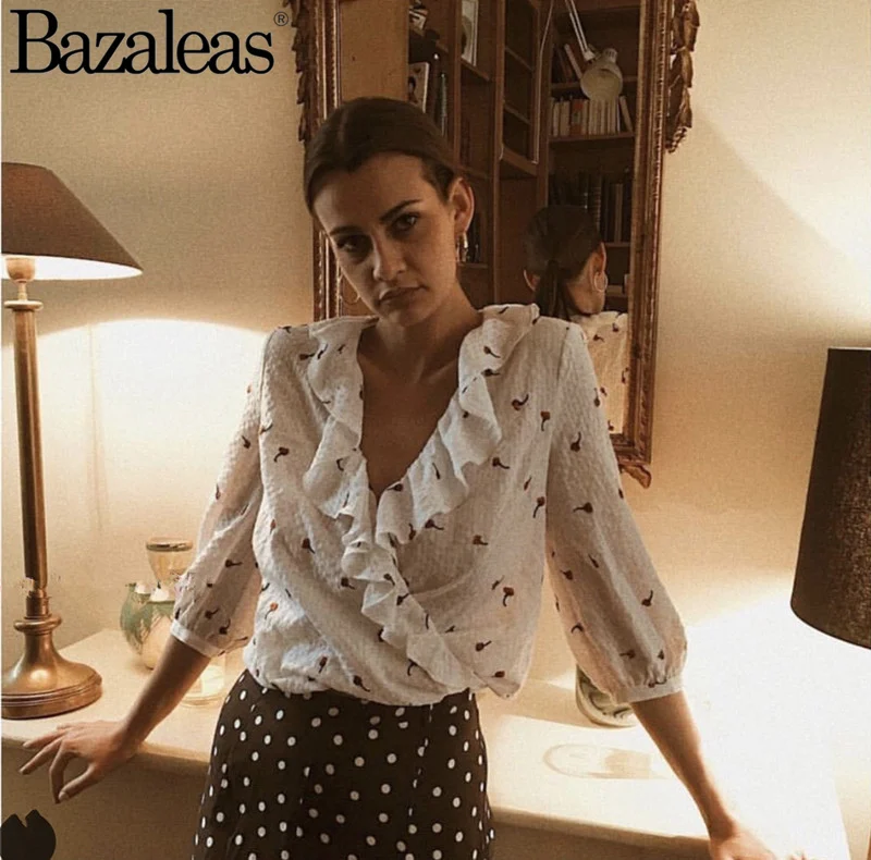 Шифоновая Блузка с вишневым принтом во французском стиле завязками спереди