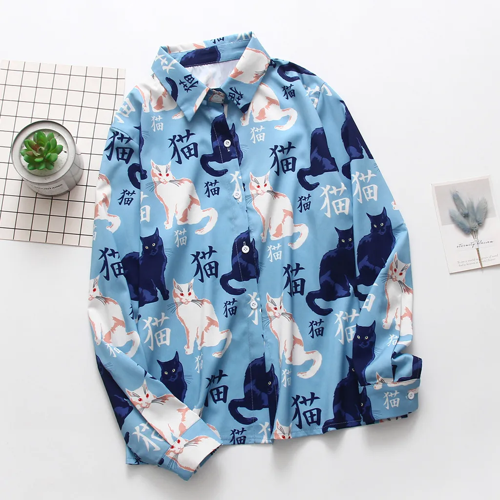 

Long Sleeve Korean T Shirt Women Vintage Print Streetwear Loose Turn-Down Collar Spring Harajuku Female Tops And Blouses Blusas