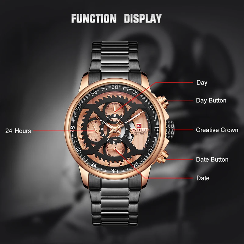 NAVIFORCE Роскошные наручные часы модные спортивные из нержавеющей стали