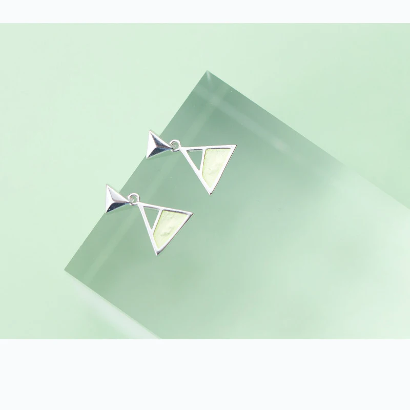 Korea Style Hollow Triangle Green Black Enamel 925 Sterling Silver Stud Earrings For Women Girls' Earring | Украшения и