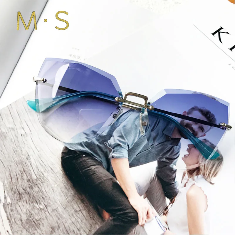 Женские солнцезащитные очки без оправы MS большие брендовые зеркальные