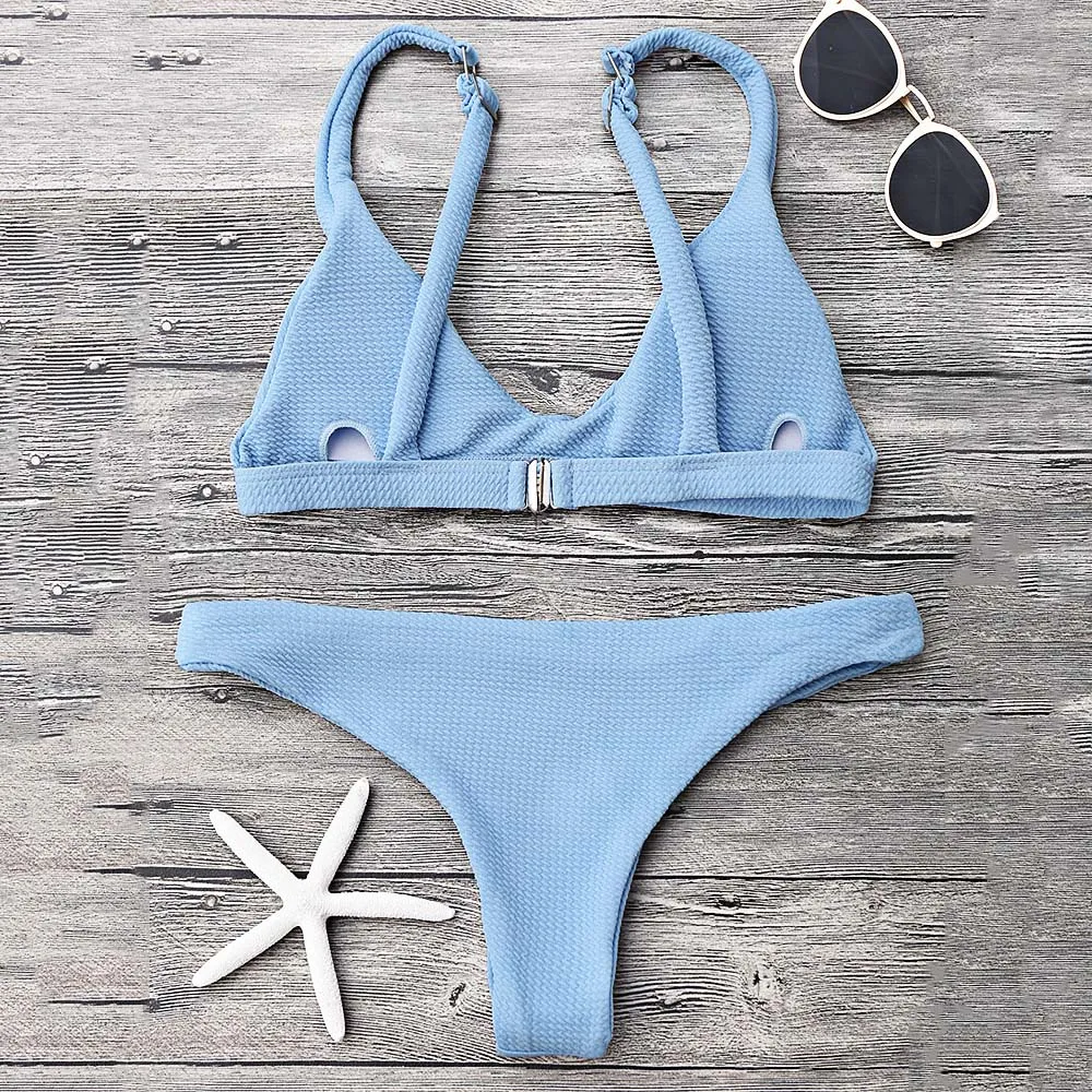 Женский купальник бикини Midou однотонный с пуш ап и глубоким вырезом бразильский