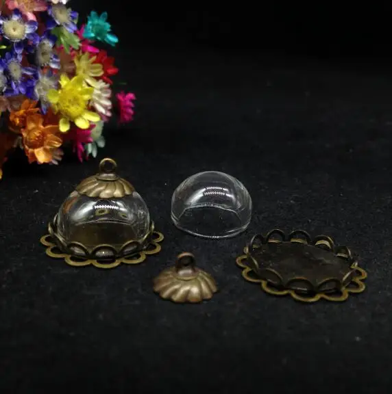 100 наборов 15 мм Стеклянная купольная бронза покрытая двойным кружевом основа