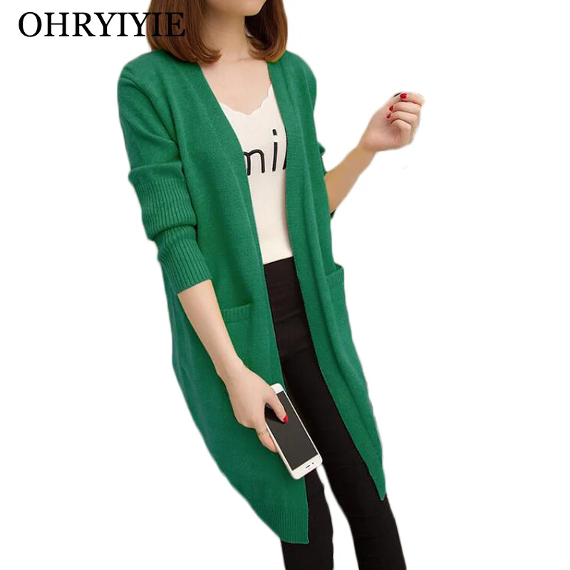 OHRYIYIE Autumn Winter Sweater Women Long Cardigan Pockets Loose Knit Female Green Yellow Plus Size Sweaters Tops Coat |