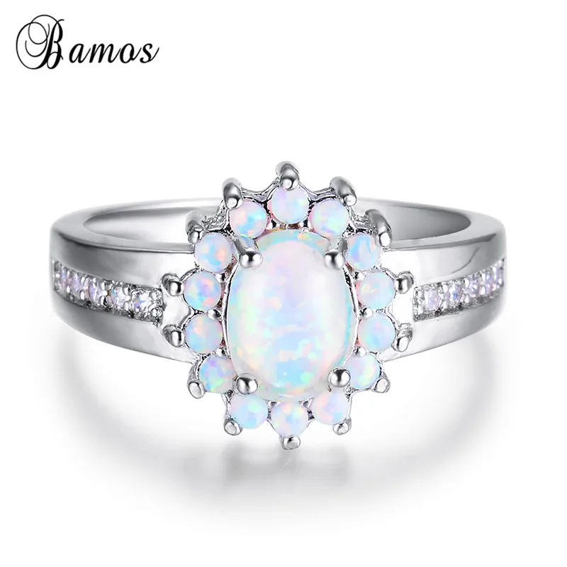 Bamos Boho белое овальное кольцо с огненным опалом Трендовое Радужное цветком для женщин серебряный цвет