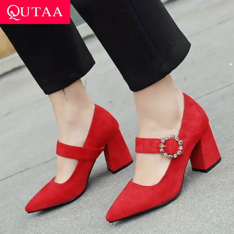 QUTAA/; женская обувь; женские туфли-лодочки из флока; элегантные женские туфли-лодочки с острым носком, на высоком квадратном каблуке и платформе, с пряжкой, подходят ко всему; размеры 34-43