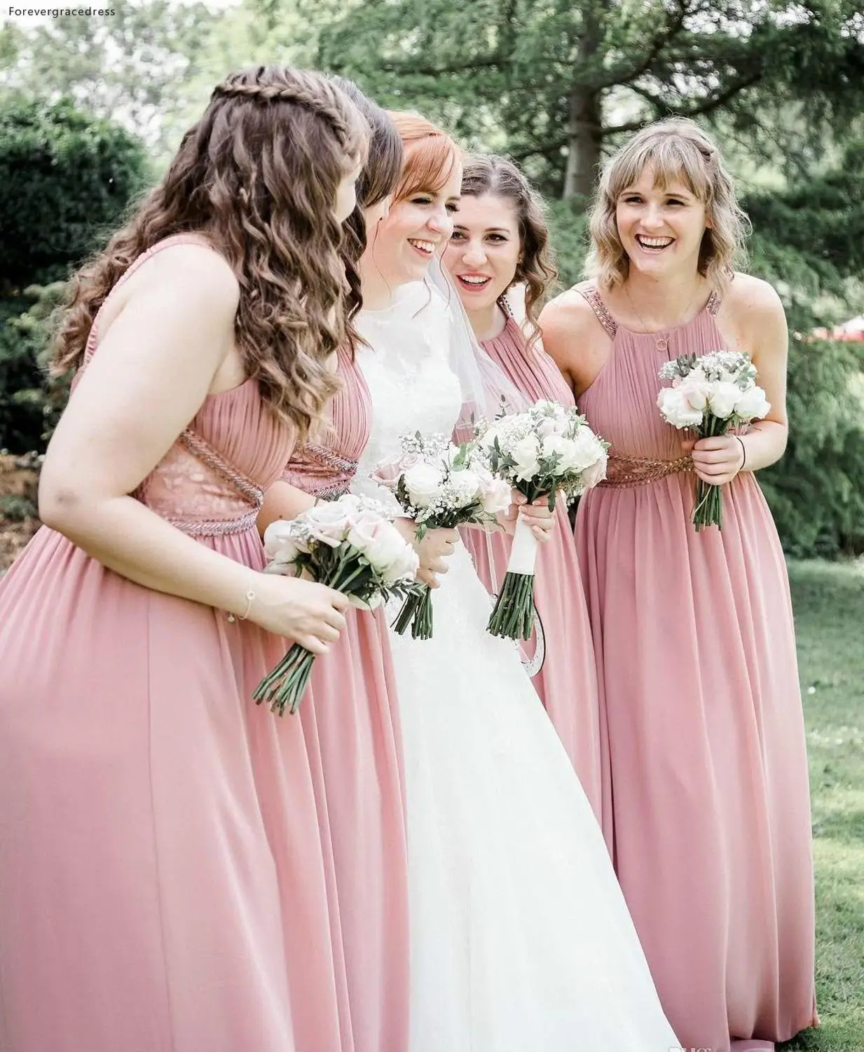 Недорогое Платье для подружки невесты в западном стиле Розовое Шифоновое летнее