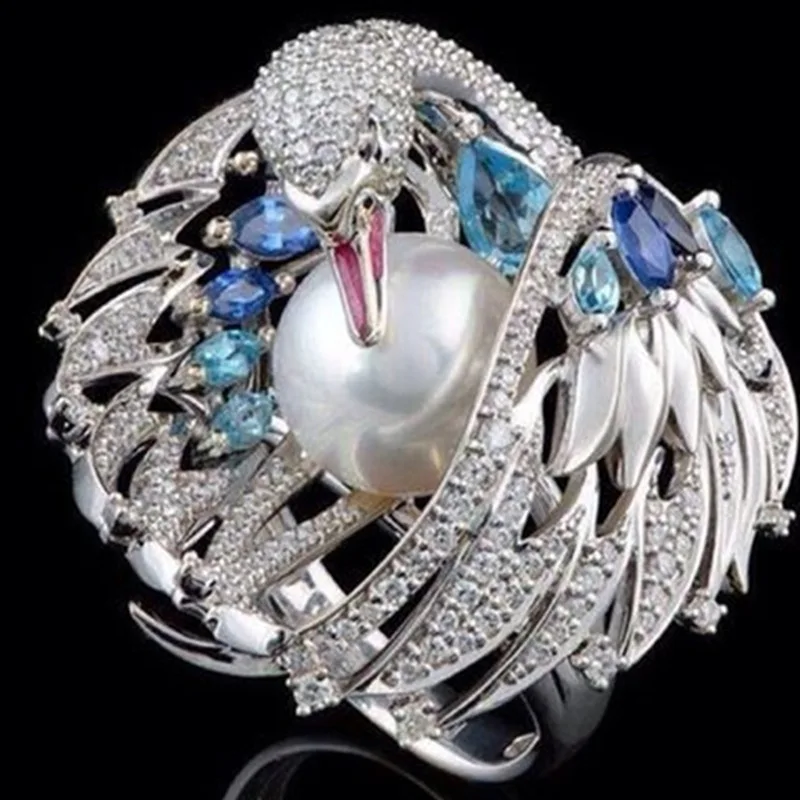 

FDLK New Shiny luxury vintage white swan pearl wedding ring Engagement Rings for Women Girl Party Gift