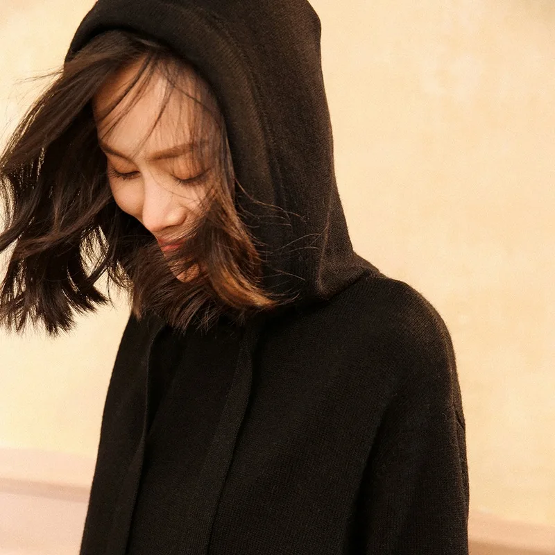 

women sweaters Cashmere casual hooded knit long dress wool hooded bottoming shirt loose large size hooded sweater female sweate