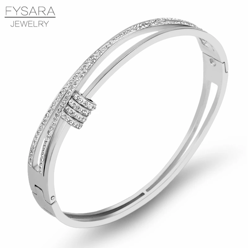 FYSARA Очаровательные Кристаллы круглые круги браслеты и браслеты из нержавеющей стали циркония X полые браслеты для женщин Свадебные брендовые ювелирные изделия