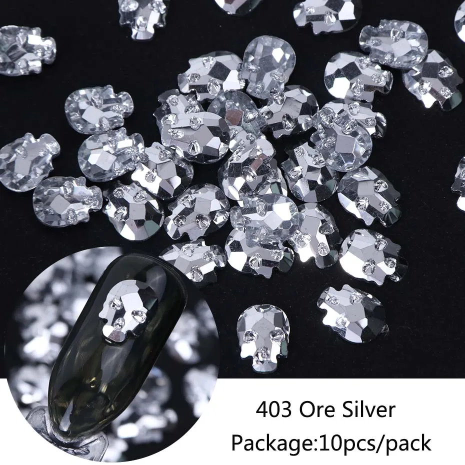 10pcs 403 10 шт 3D Череп Кость Стразы для ногтей ювелирные изделия драгоценные камни Хэллоуин талисманы Flatback камни для дизайна ногтей украшения маникюрные аксессуары LA963 - Цвет: 10pcs 403