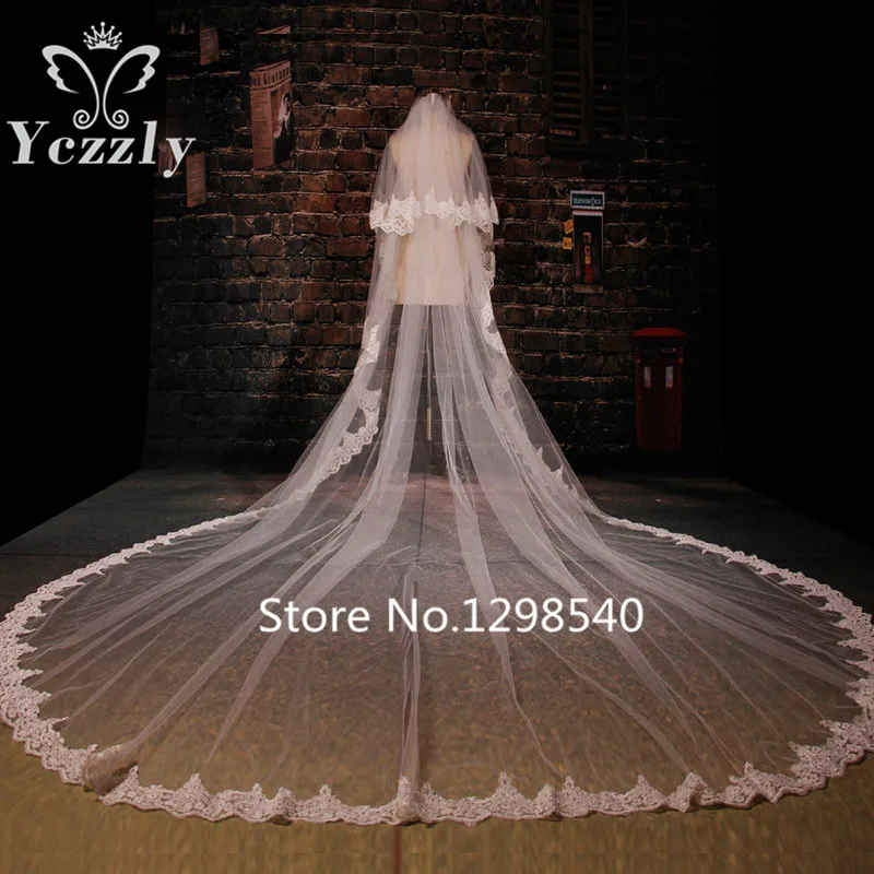 Дешевые Белый/Слоновая Кость 2 Т Длинные Края Шнурка Собор Свадебная Фата С