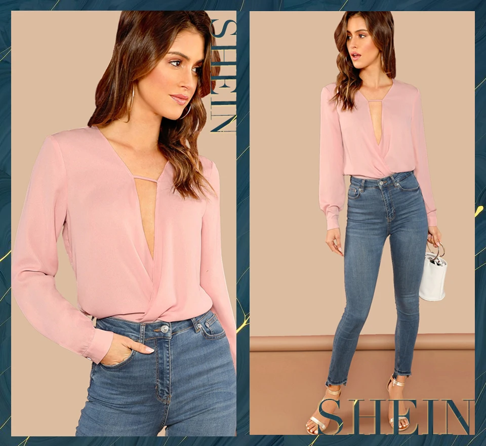 SHEIN Однотонная Блуза С Глубоким Вырезом, Демисезонная Блуза С Длинным Рукавом, Элегантная Блуза Оригинального Кроя