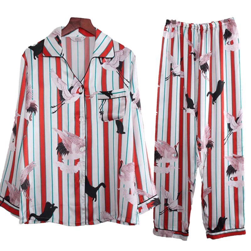 

Woman100% Silk Stain Pajamas Set Striped Bird Winter Autumn 2019 WomenLong Sleeve Full Pants Silk Pyjamas Set Homewear Sleepwear