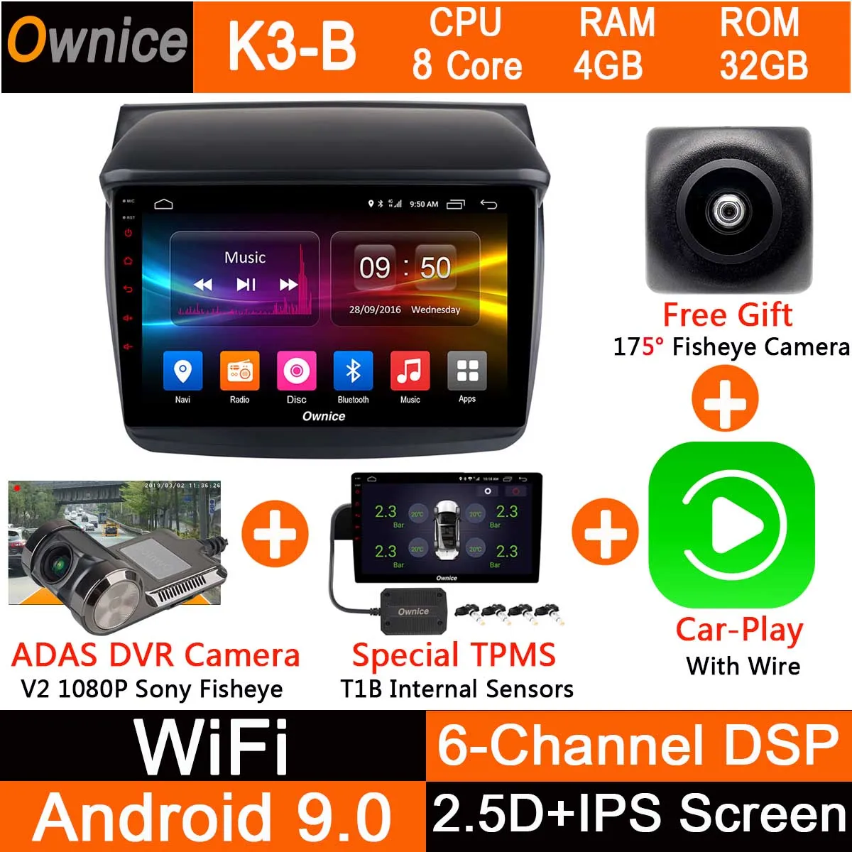 K3B-CarPlay-TPMS-DVR Android 9,0 1DIN " ips 8 Core 4G+ 32G автомобильный DVD gps Navi Радио для Mitsubishi Pajero Sport L200 Trion Видео Аудио CarPlay DSP ADAS - Цвет: K3B-CarPlay-TPMS-DVR