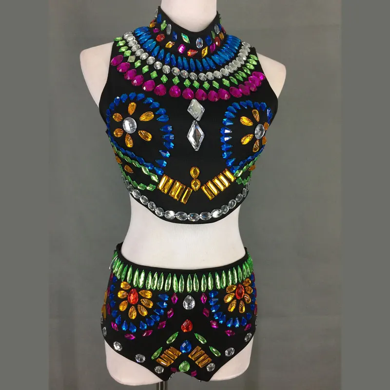 

Sexy Hand-stitched crystals stage clothes for female singers Ds Dj gogo dancer costume backless low waist shorts 2-piece set