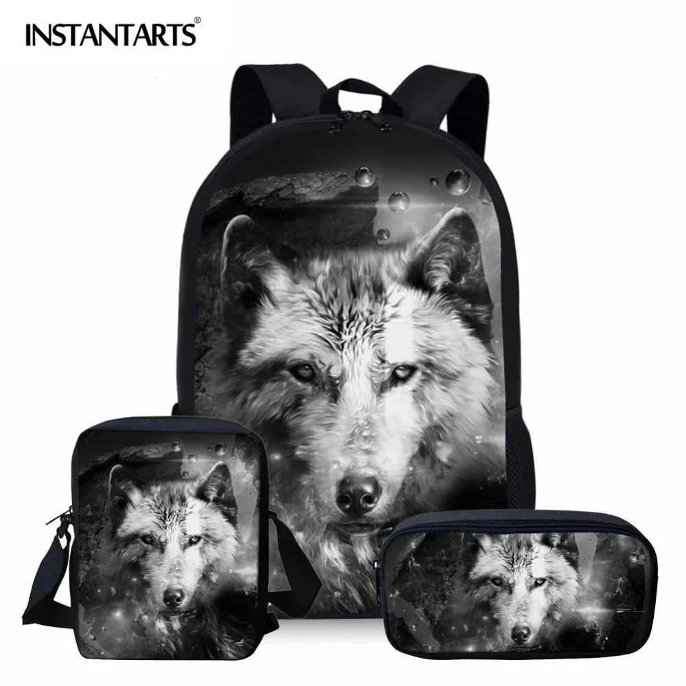 Мужской комплект из рюкзака и сумки INSTANTARTS, школьный ранец с 3D рисунком волка для молодых девушек и мальчиков, классный портфель с принтом жи...