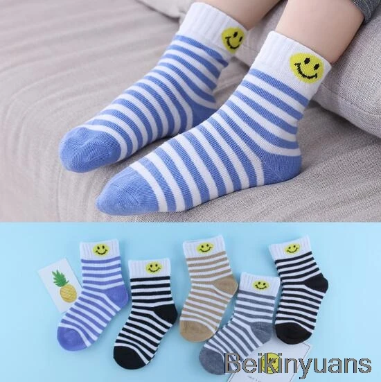 Stripe smiling face 5 пар в партии, Весна-Осень-Зима Носки для мальчиков и девочек хлопковые носки ярких цветов с бабочками для мальчиков и девочек - Цвет: Stripe smiling face