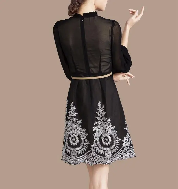 Женское шифоновое платье с длинными рукавами фонариками и вышивкой|lantern sleeve