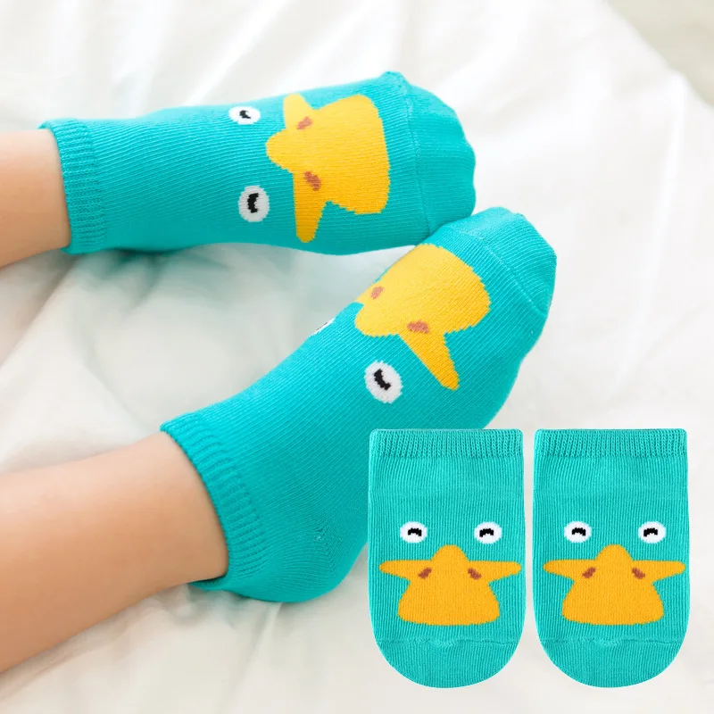 Green Duck Kacakid/хлопковые носки детские возраст 1-3 года нескользящие носки для малышей Асимметричные носки для новорожденных с рисунками животных короткие носки-тапочки для мальчиков и девочек - Цвет: Green Duck