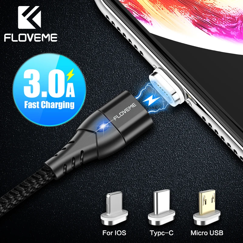FLOVEME 3A Магнитный кабель для iPhone, магнитный кабель для быстрой зарядки, зарядное устройство для iPhone, usb type C кабель зарядного устройства микро-usb