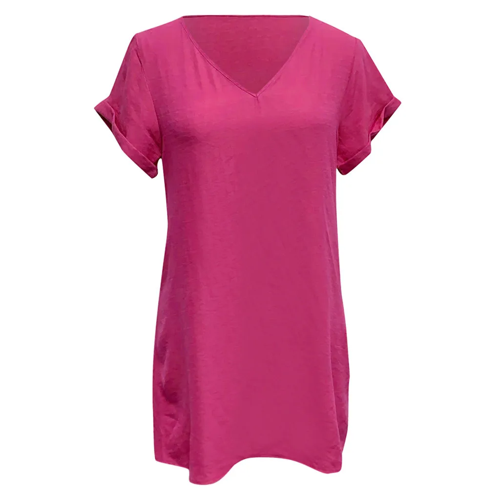 Hot Pink Дамское модное однотонное платье Летнее повседневное удобный с коротким рукавом домашнее мини с v-образным вырезом Свободные платья - Цвет: Hot Pink
