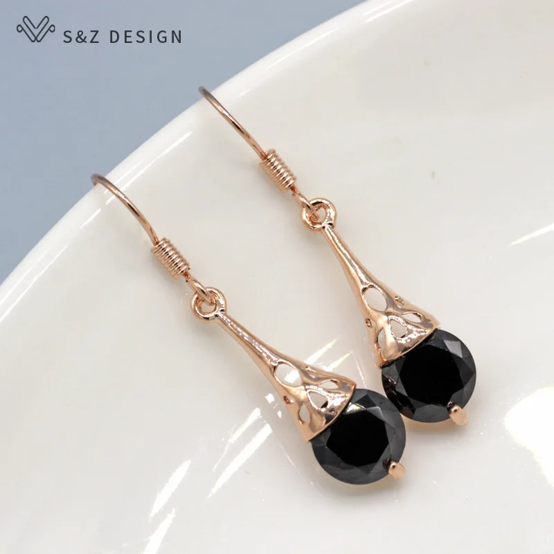 black S& Z цветок в капле 585 розовое золото цвет CZ кубический цирконий серьги крюк корейский для женщин модные ювелирные изделия Анти-аллергия серьги - Окраска металла: black