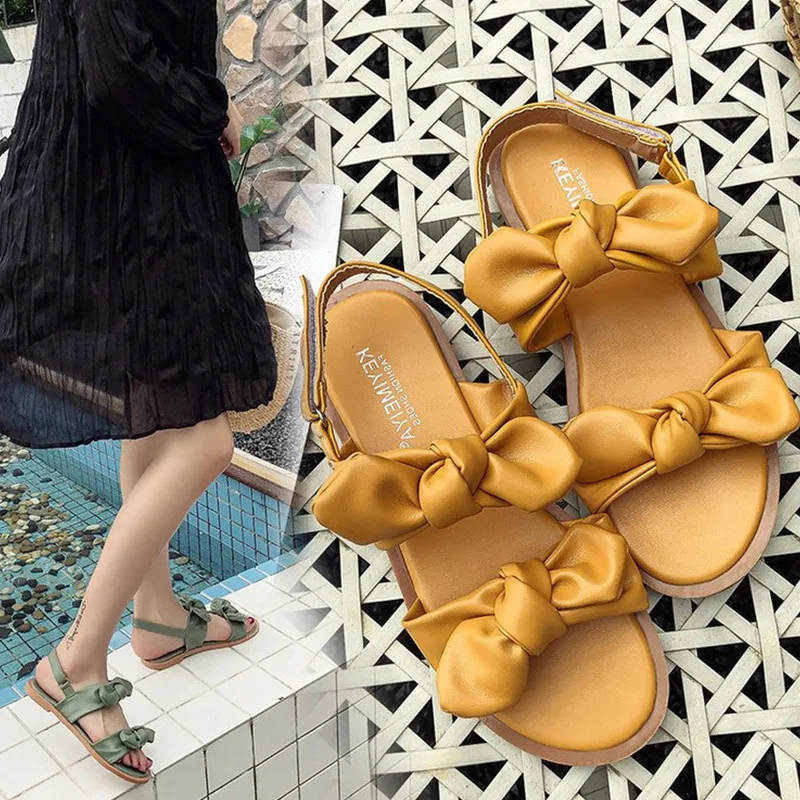 Сандалии женские с бантом босоножки на плоской подошве открытый носок удобные