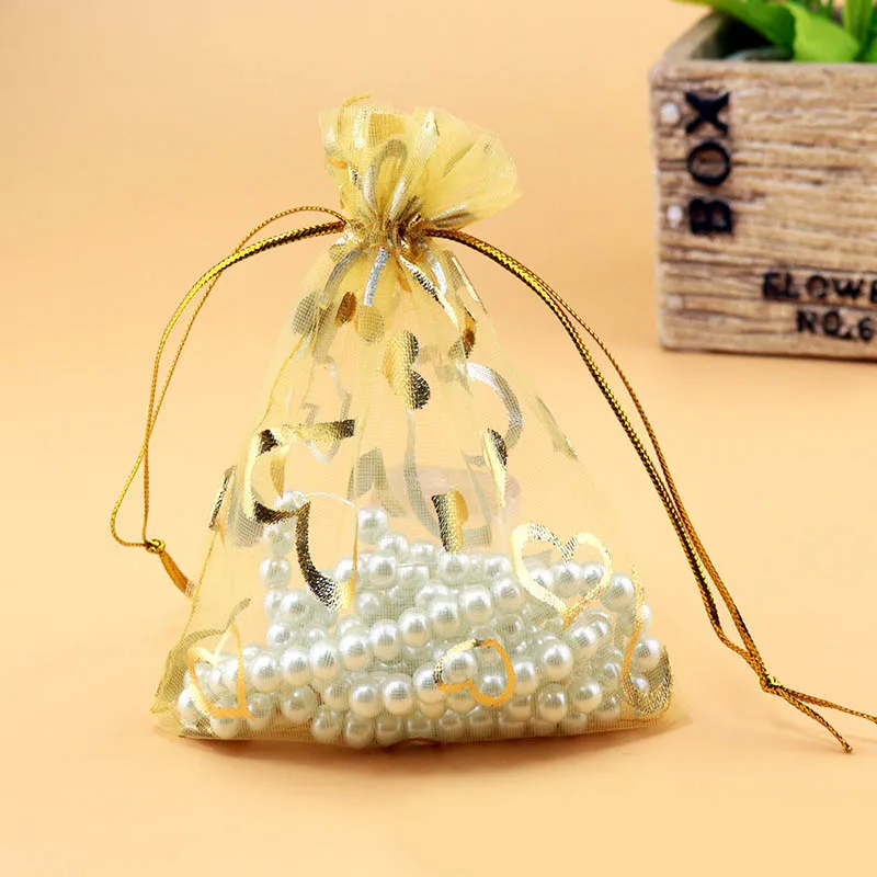 Gold 20 шт./лот, 9x12 см, сумочка для украшений из органзы в форме сердца, с завязками, из прозрачного тюля, сумки для свадебного декора, вечерние сувениры, пакеты для подарков, упаковка - Цвет: Gold