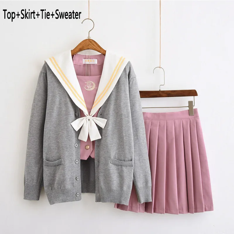 Sets With Sweater UPHYD розовый Британский консервативный стиль школьная форма для девочек косплей костюмы хор представление короткий рукав JK школьная форма S-3XL - Цвет: Sets With Sweater