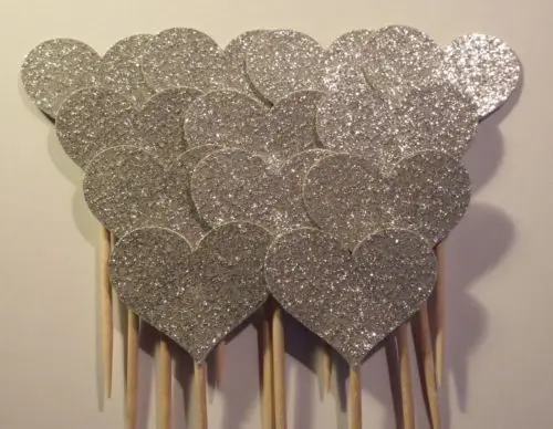 

Silver Glitter Heart Balloon cupcake toppers Wedding Food treat Picks Bridal shower Bachelorette party decorations