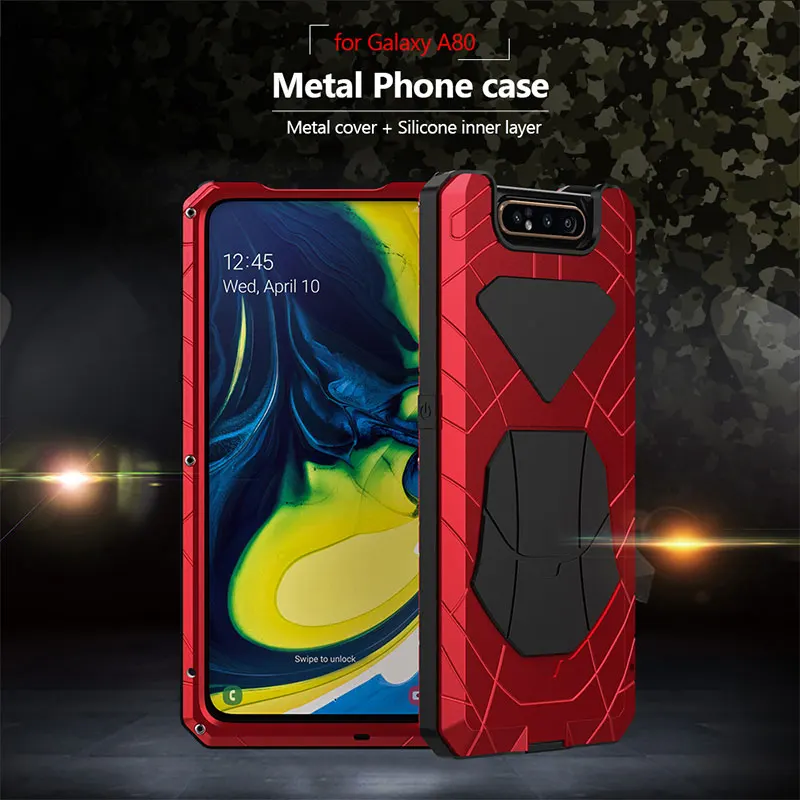 For Samsung Galaxy A80 Phone Case Hard Aluminum Metal Tempered Glass Screen Gift Protector Cover Heavy Duty Protection Cover